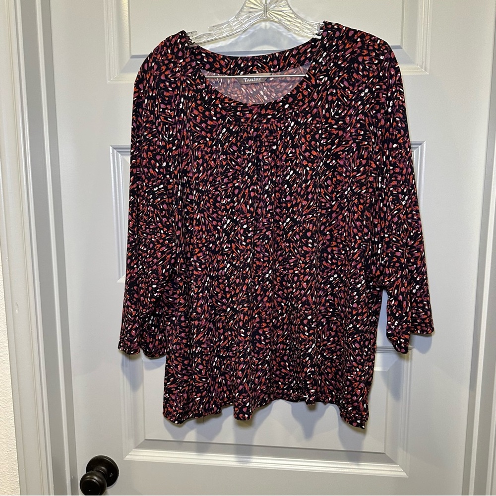 TanJay Black/Red-Orange/Purple Print Scoop Neck 3/4 sleeve blouse size 2X